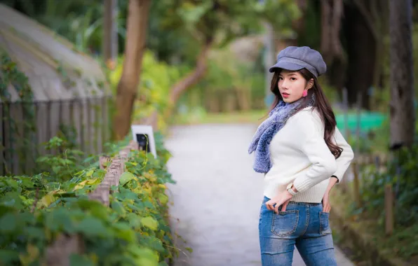 Picture girl, pose, jeans, cap, Asian, sweater, bokeh