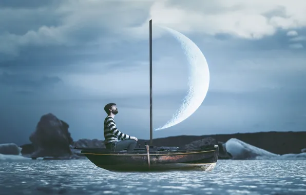 The moon, boat, people, sail