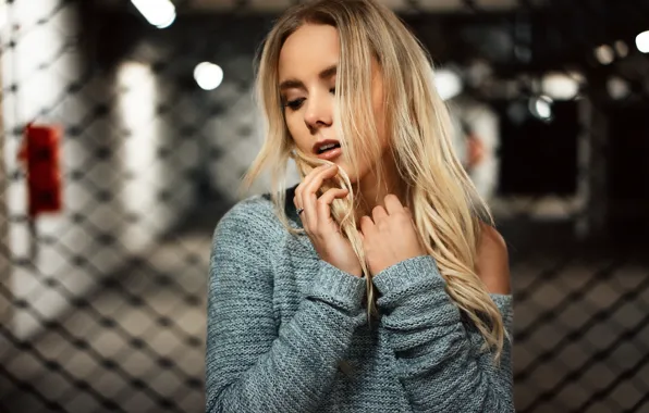 Girl, mesh, portrait, the fence, blonde, sweater, bokeh, Martin Kühn