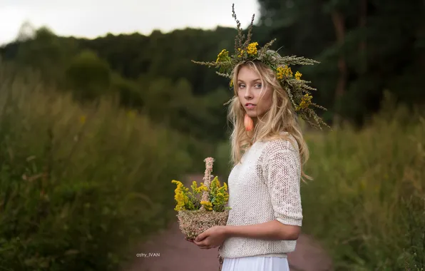 Trees, hair, Girl, blonde, flowers, wreath, Alisa Tarasenko, Ivan Sharp