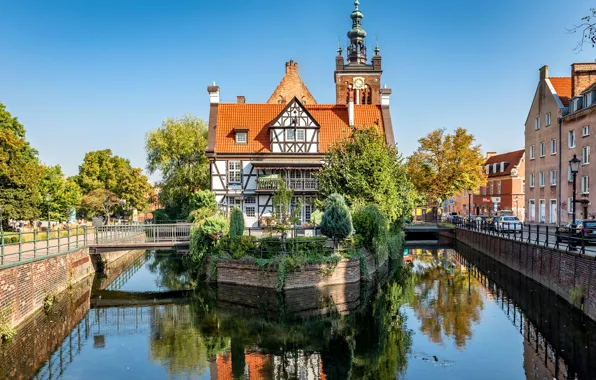 Trees, house, Poland, channel, island, Poland, Old Town, Gdansk