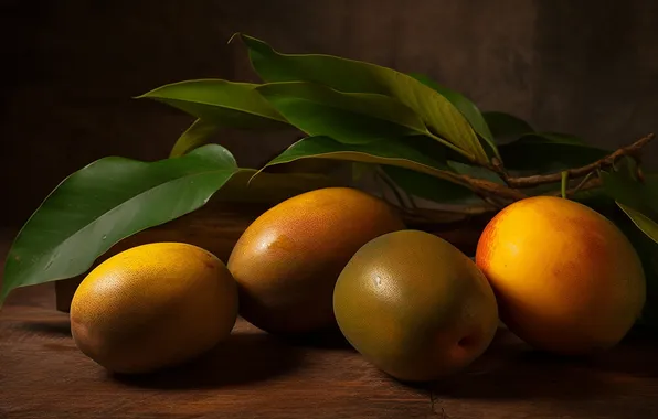 Leaves, light, the dark background, branch, fruit, mango, AI art, neural network