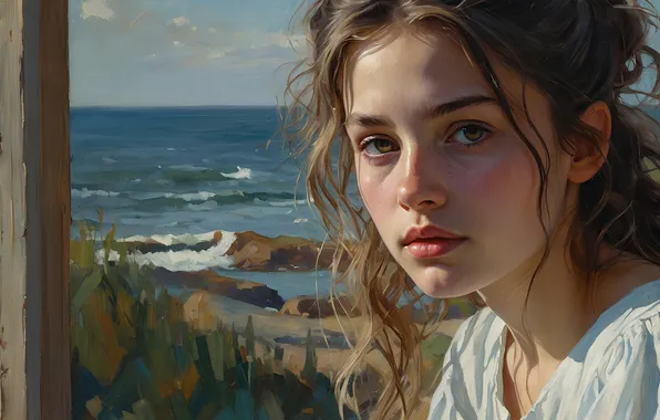 Look, girl, nature, portrait, window, painting, imitation painting, AI art