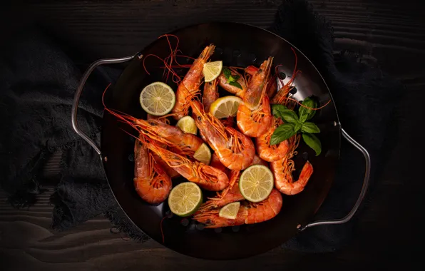 The dark background, fabric, lemons, shrimp, Basil, дуршлыг