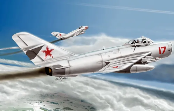 Picture art, airplane, aviation, russian jet, MIG 17