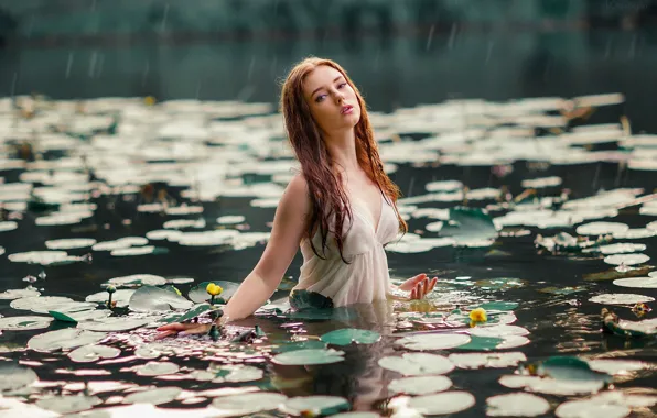 LILY, RAIN, NIGHTIE, POND, LAKE, SUNDRESS, Water LILIES, model Alexandra Girskaya