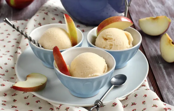Apples, plate, ice cream, fruit, dessert, spoon