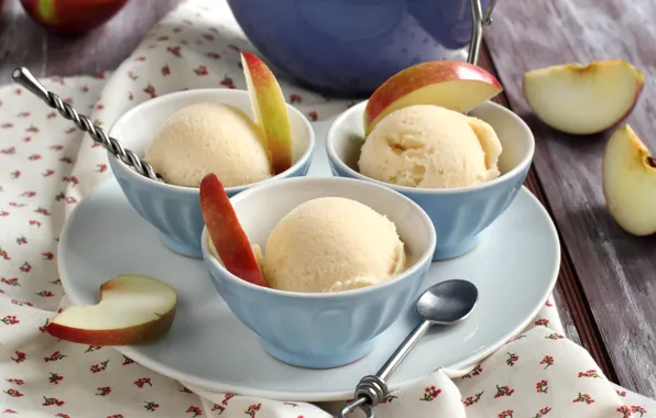 Picture apples, plate, spoon, ice cream, fruit, dessert