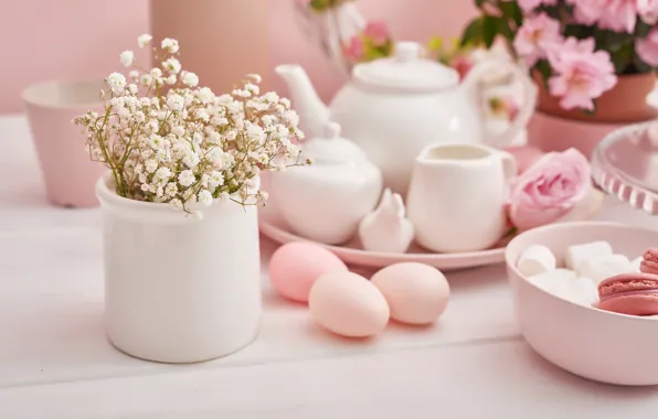 Flowers, holiday, eggs, spring, Easter, dishes