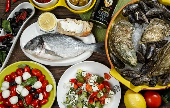 Lemon, fish, tomatoes, mozzarella, oysters