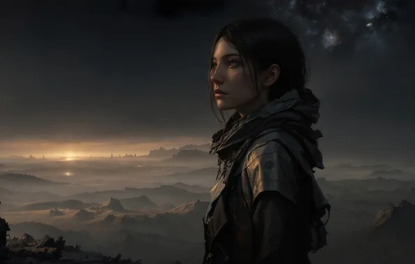 Girl, landscape, art, sunrise, fantastic, planet, digital art, fantasy art