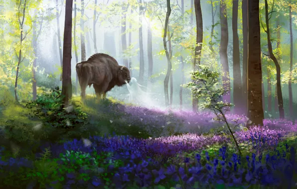 Forest, nature, spirit, fantasy, art, Buffalo, Alex Shiga, Bison's daydream