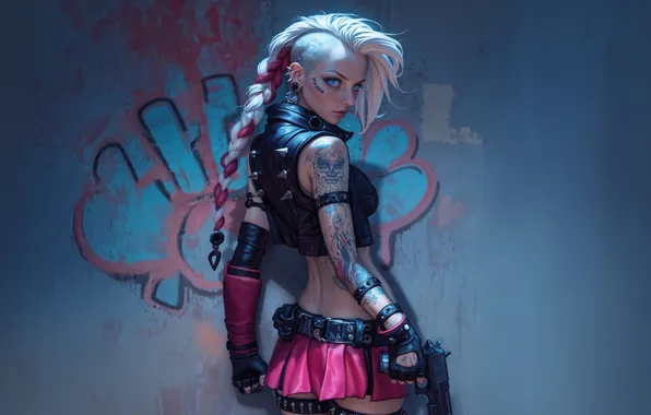 Girl, Gun, Anime, Wall, Graffiti, Tattoo, Cyberpunk, Anime Girl