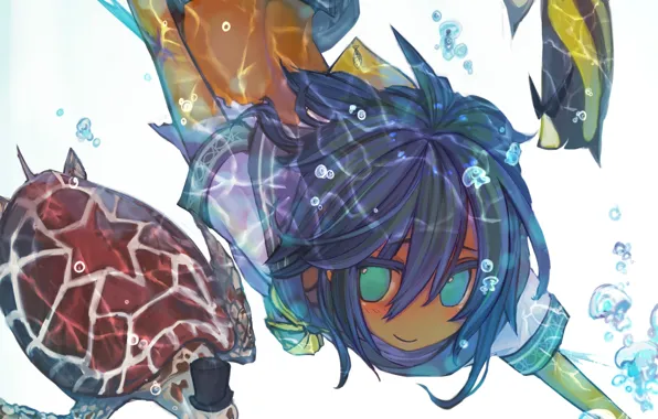 Girl, fish, bubbles, turtle, anime, art, under water, hats