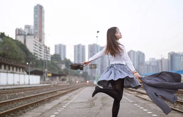 Picture mood, home, dance, the platform, railroad, Asian, black stockings, mood