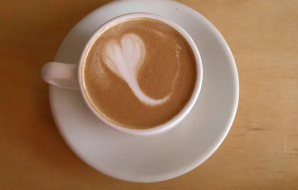 Picture figure, heart, cappuccino, a Cup of coffee, wooden table, foam milk