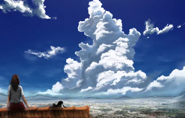 Picture cat, the sky, girl, roof