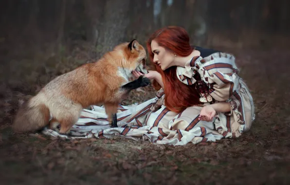 Forest, girl, dress, Fox, red, redhead