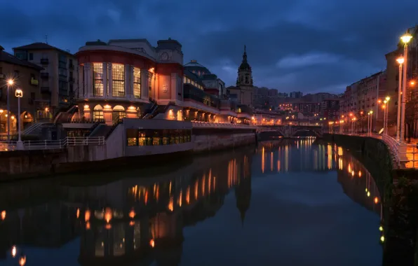 Picture night, bridge, lights, river, home, lights, channel, Spain