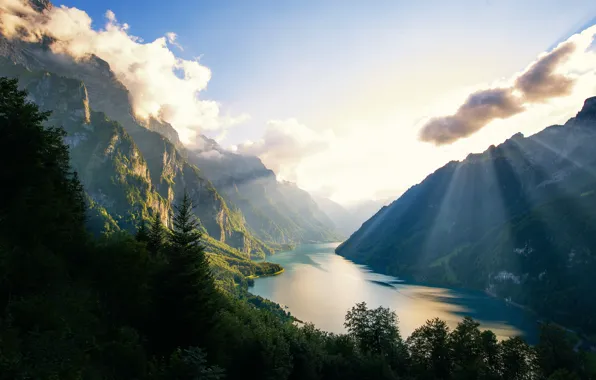 Mountains, lake, forest, Switzerland, lake, Mounts, Klontalersee