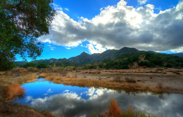 The sky, clouds, trees, landscape, mountains, reflection, river, california
