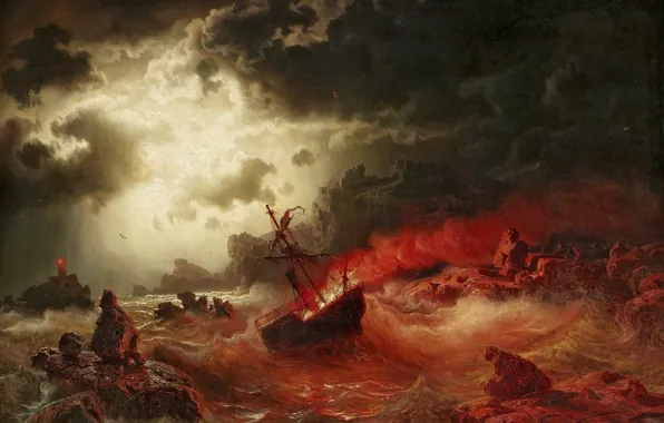 Sea, wave, night, clouds, rocks, ship, burns, marcus larson