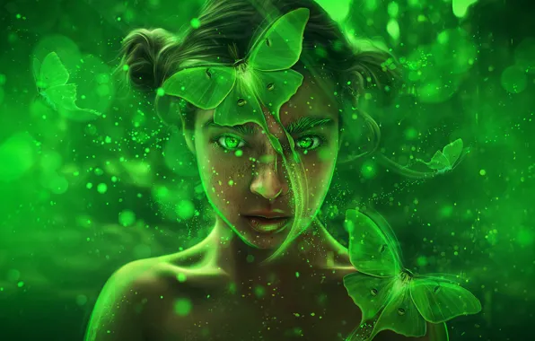 Picture girl, butterfly, abstraction, glare, background, fantasy, art, green