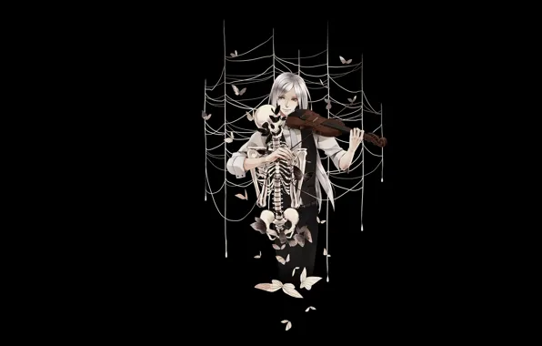 Picture butterfly, violin, web, skeleton, Guy, black background