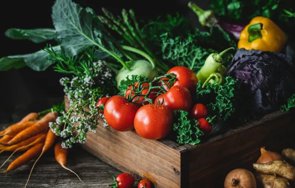Greens, tomatoes, cabbage