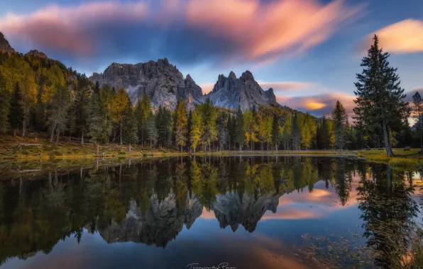 Picture autumn, forest, the sky, trees, mountains, nature, lake, reflection