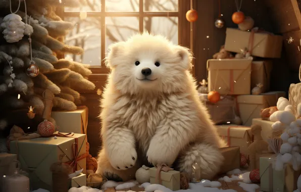 Winter, balls, light, snow, smile, room, bear, window