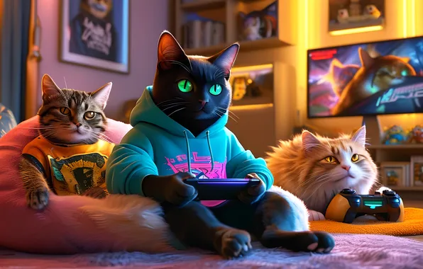 Cats, black cat, red cat, gamers, joysticks