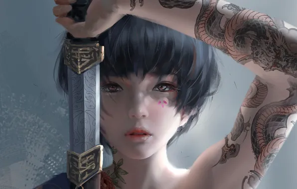 Girl, sword, fantasy, katana, tattoo, asian, digital art, artwork
