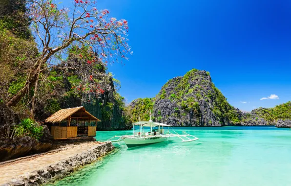 Sea, beach, trees, rocks, coast, house, Tropical Paradise