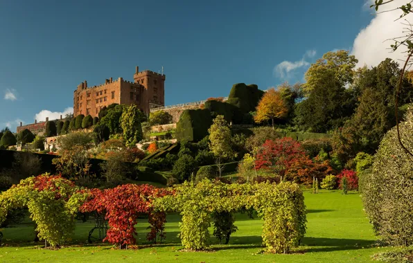 Greens, the sky, grass, clouds, trees, design, castle, lawn