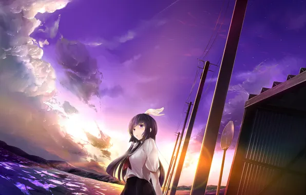 The sky, girl, clouds, sunset, sign, anime, art, form