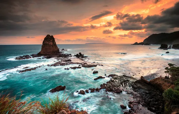Sunset, rocks, coast, Indonesia, Java, Indonesia, The Java sea, Java Sea