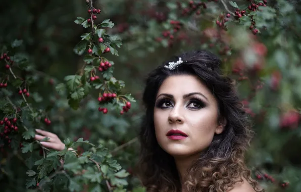 Girl, branches, nature, face, berries, foliage, woman, portrait
