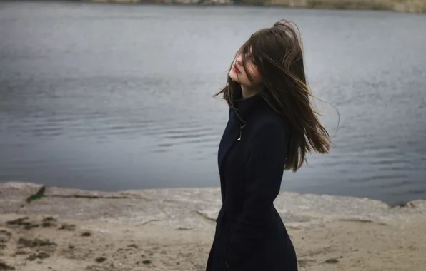 Picture autumn, girl, lake, shore, model, clothing, brown hair, weather