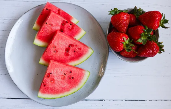 Berries, Board, watermelon, strawberry, plate, bowl, light background, slices