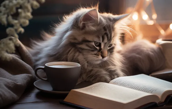 Cat, look, pose, comfort, kitty, table, grey, Cup