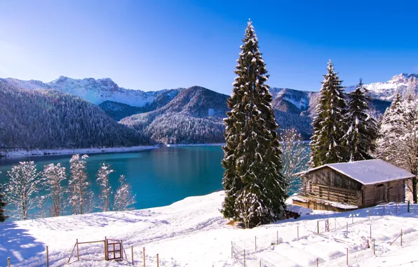 Winter, snow, trees, mountains, lake, ate, Italy, hut