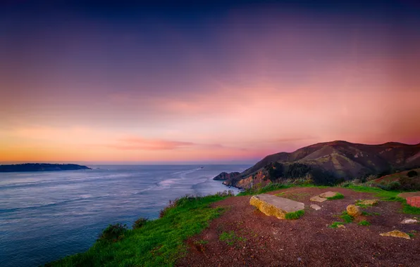 Picture sea, the sky, sunset, boat, Laguna, on top of the hill