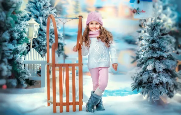 Picture winter, snow, holiday, the fence, new year, girl, lantern, sled