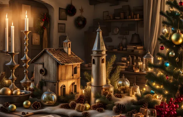 Retro, castle, toys, tower, Christmas, New year, house, herringbone