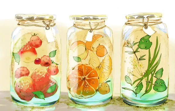 Leaves, orange, strawberry, creatures, three, cover, birds, banks