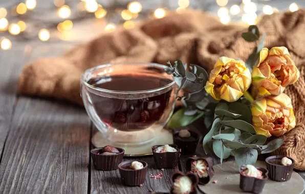 Picture leaves, light, flowers, yellow, lights, comfort, tea, Board