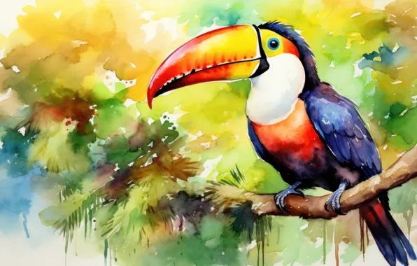 Bird, foliage, branch, divorce, watercolor, painting, Toucan, imitation of watercolor