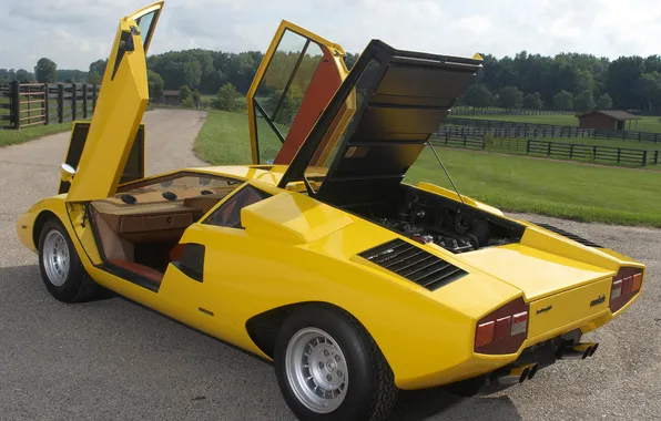 Door, the hood, Lambo, lamborghini, rear view, yellow, Countach, countach lp400