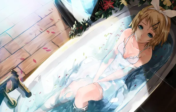 Water, girl, the sun, petals, bath, vocaloid, kagamine rin